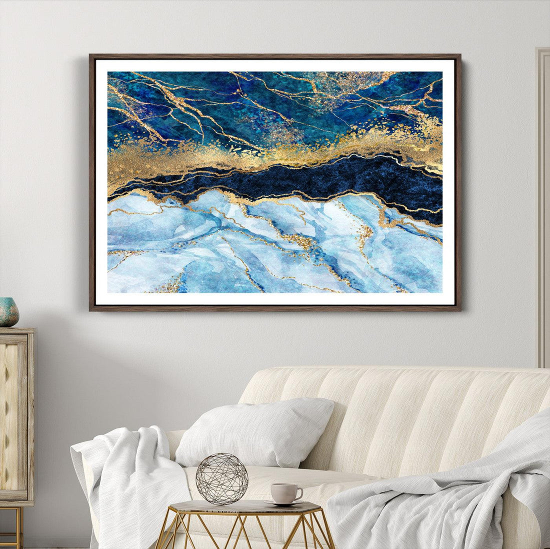 Abstract Blue and Gold Marble Canvas Print | 3 Panel Art for Living Room