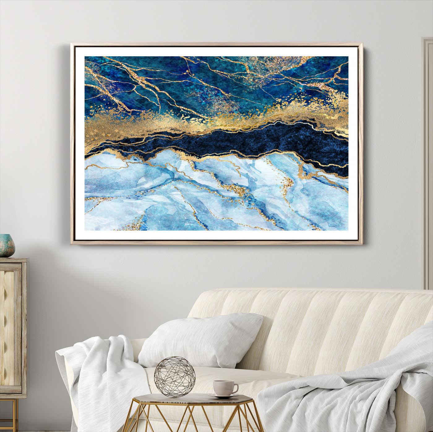 52988-MGV-CV-36X24-Abstract Blue and Gold Marble Canvas Print | 3-Panel Art for Living Room | Large Wall Decor