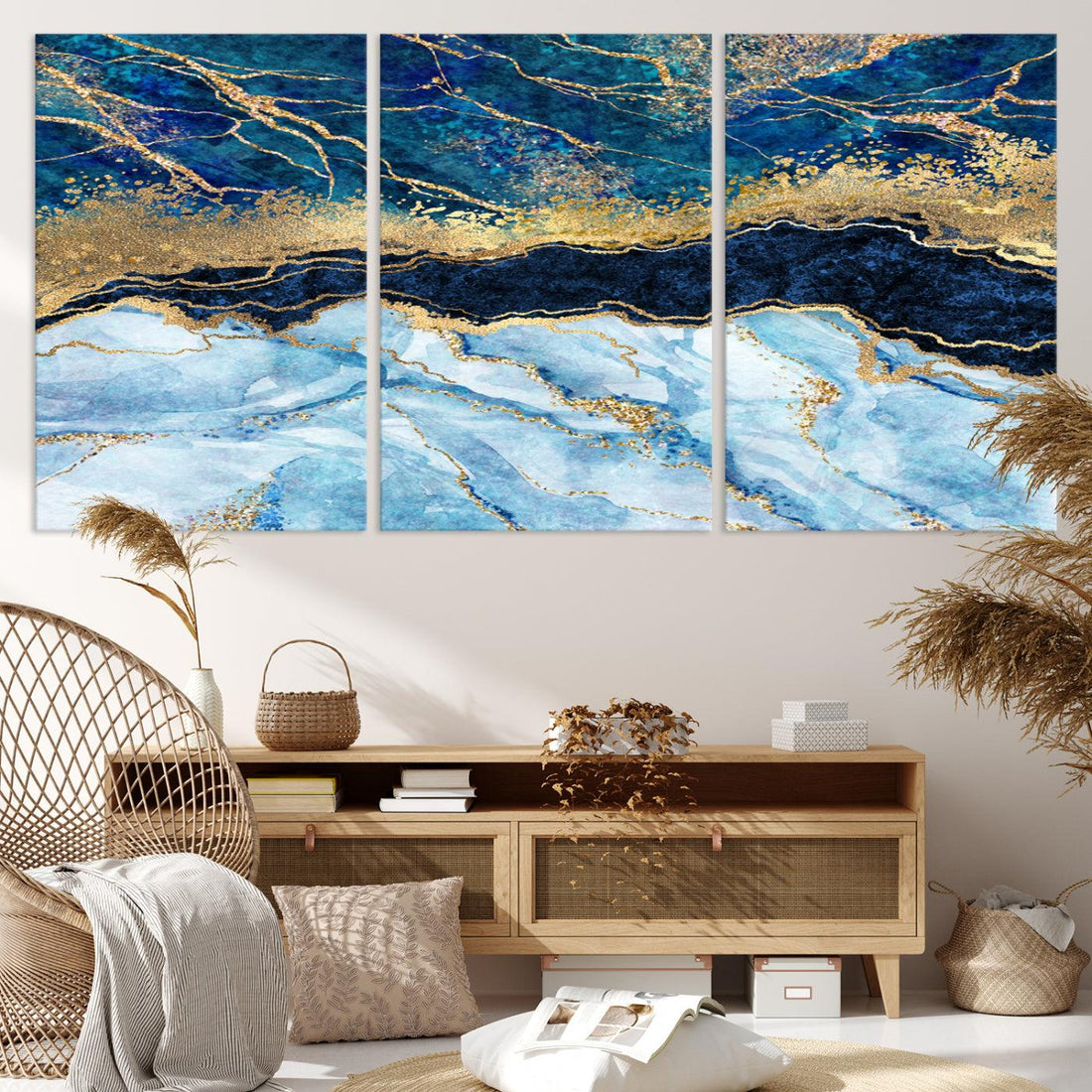 Abstract Blue and Gold Marble Canvas Print | 3 Panel Art for Living Room