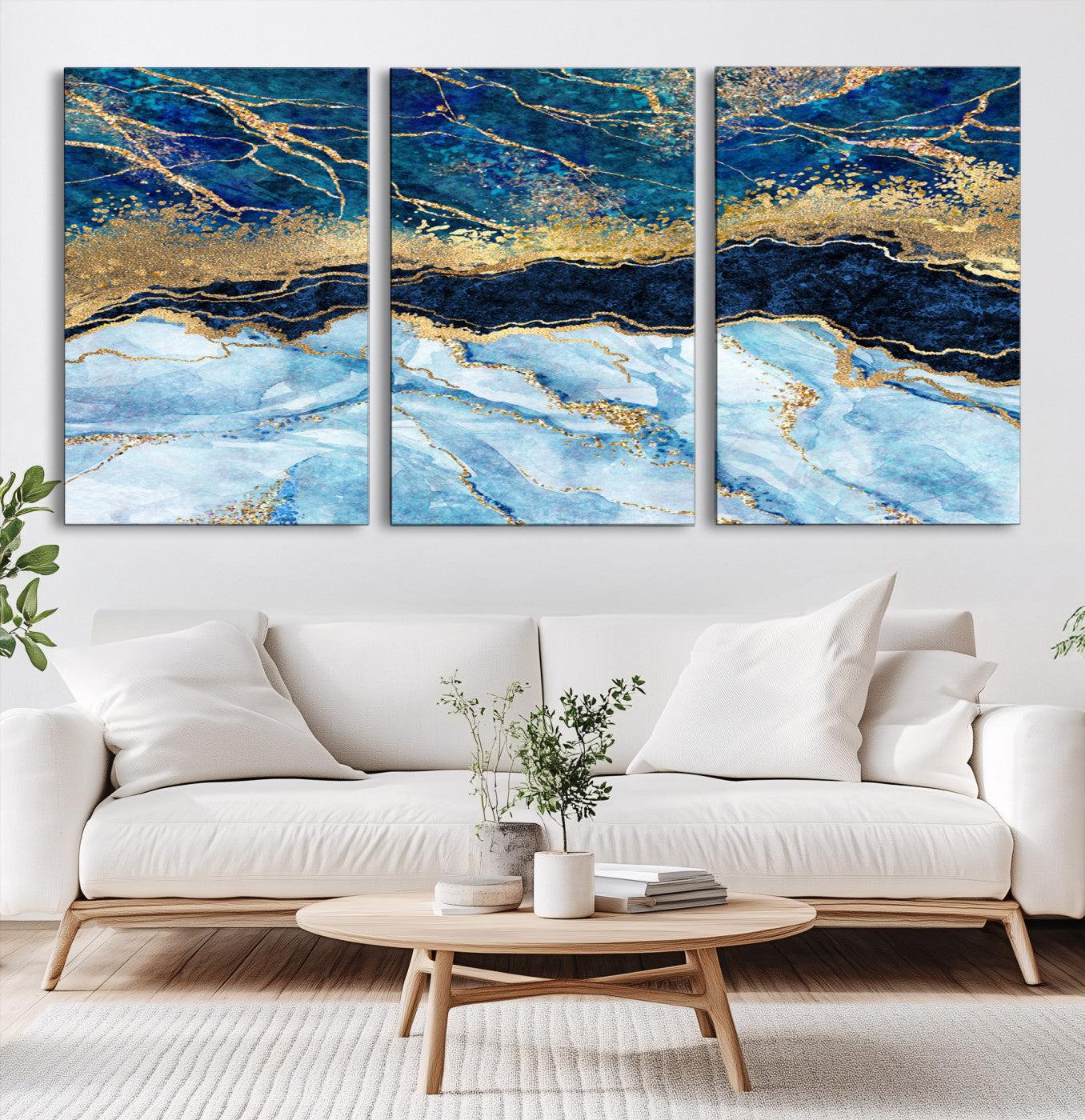 52988-MGV-CV-36X24-Abstract Blue and Gold Marble Canvas Print | 3-Panel Art for Living Room | Large Wall Decor