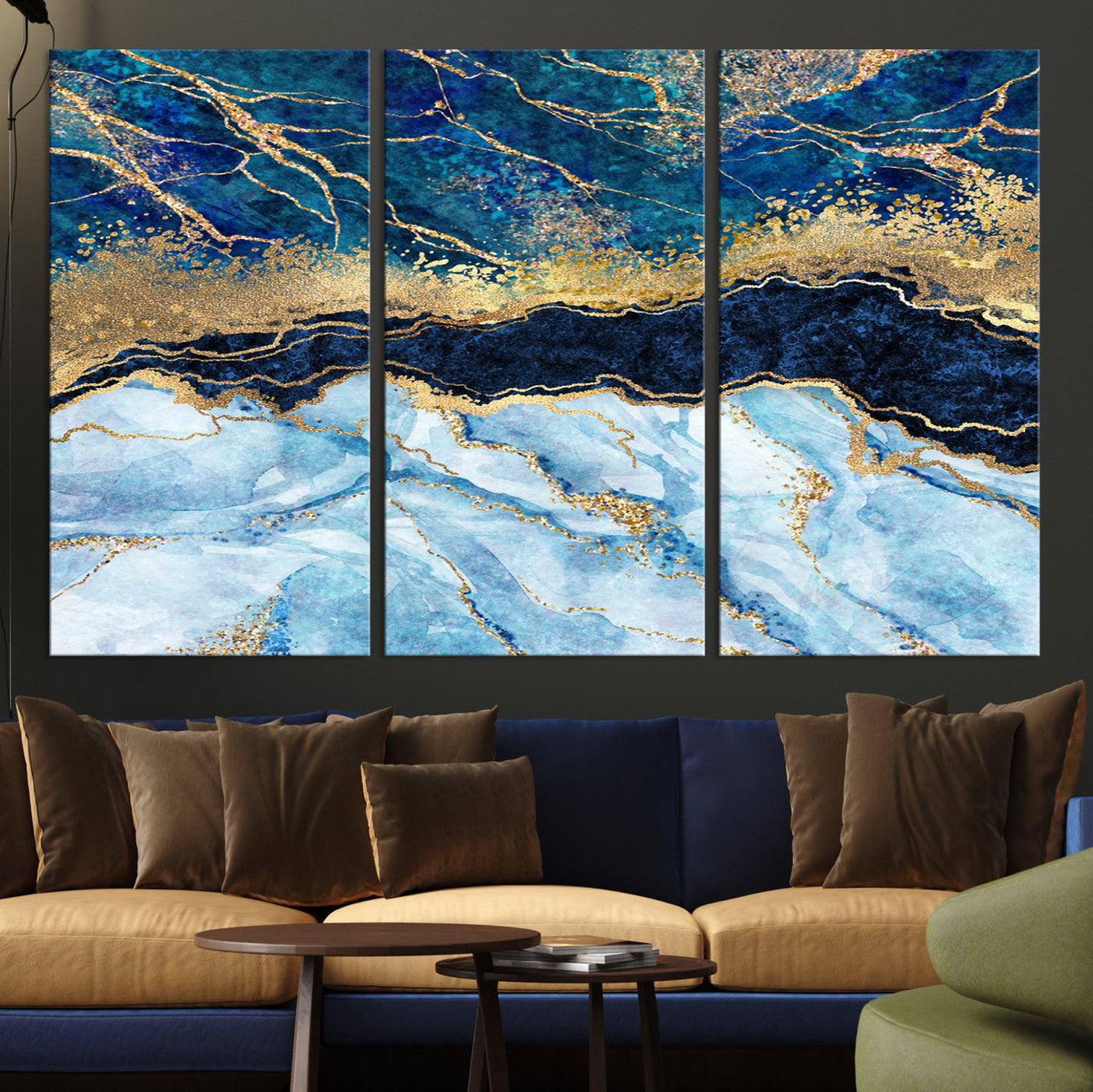 52988-MGV-CV-36X24-Abstract Blue and Gold Marble Canvas Print | 3-Panel Art for Living Room | Large Wall Decor