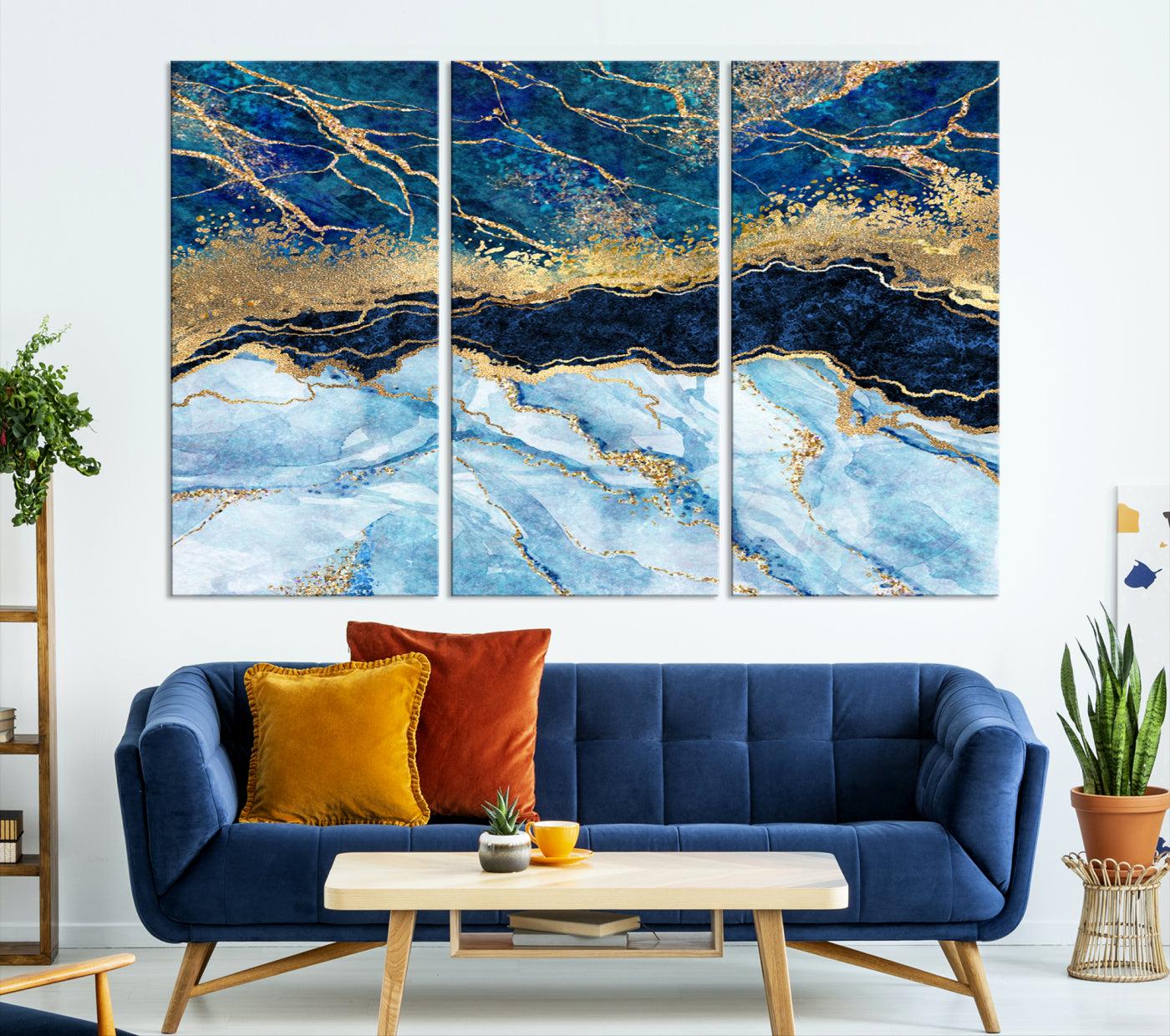 52988-MGV-CV-36X24-Abstract Blue and Gold Marble Canvas Print | 3-Panel Art for Living Room | Large Wall Decor