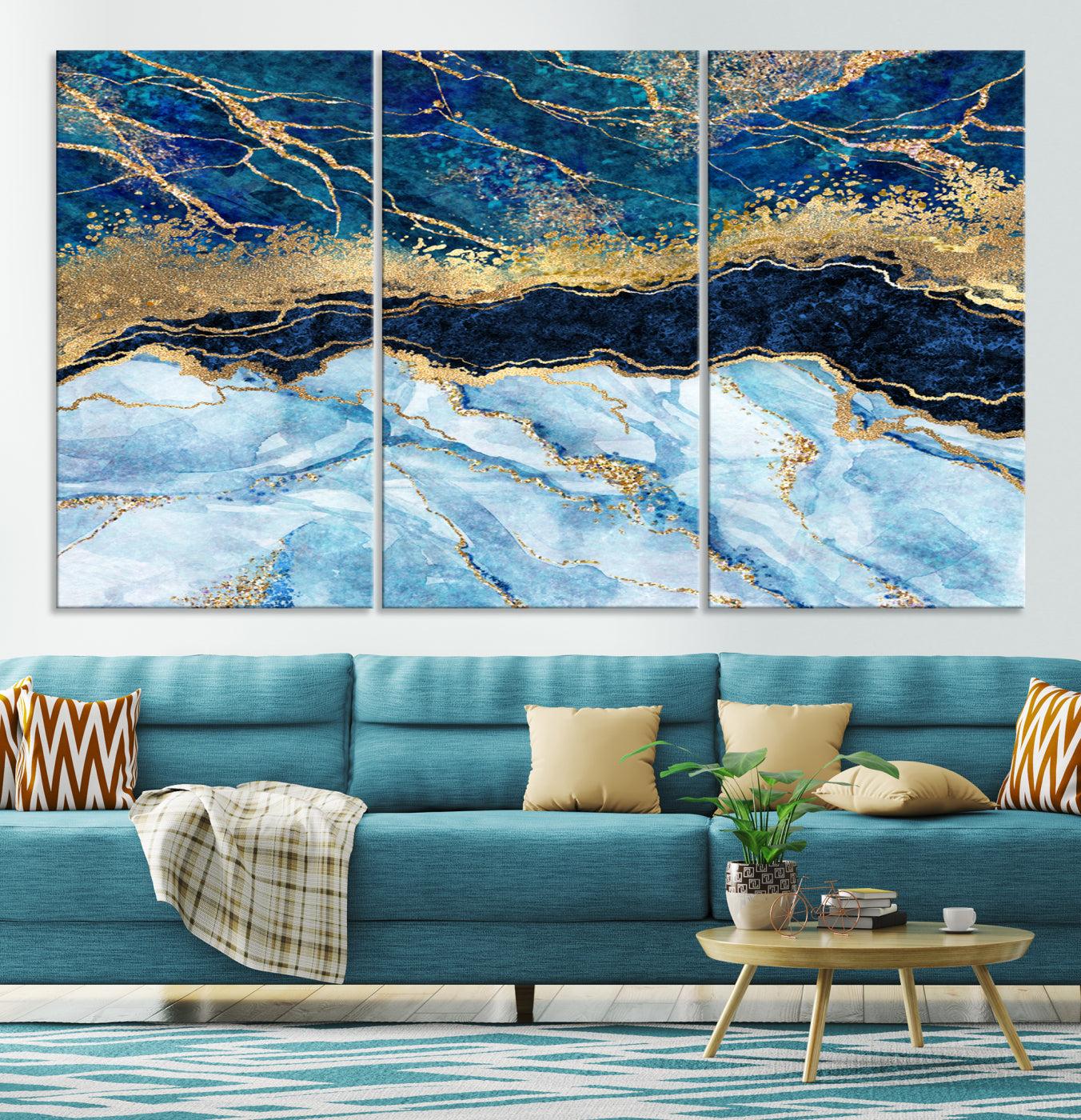 52988-MGV-CV-36X24-Abstract Blue and Gold Marble Canvas Print | 3-Panel Art for Living Room | Large Wall Decor