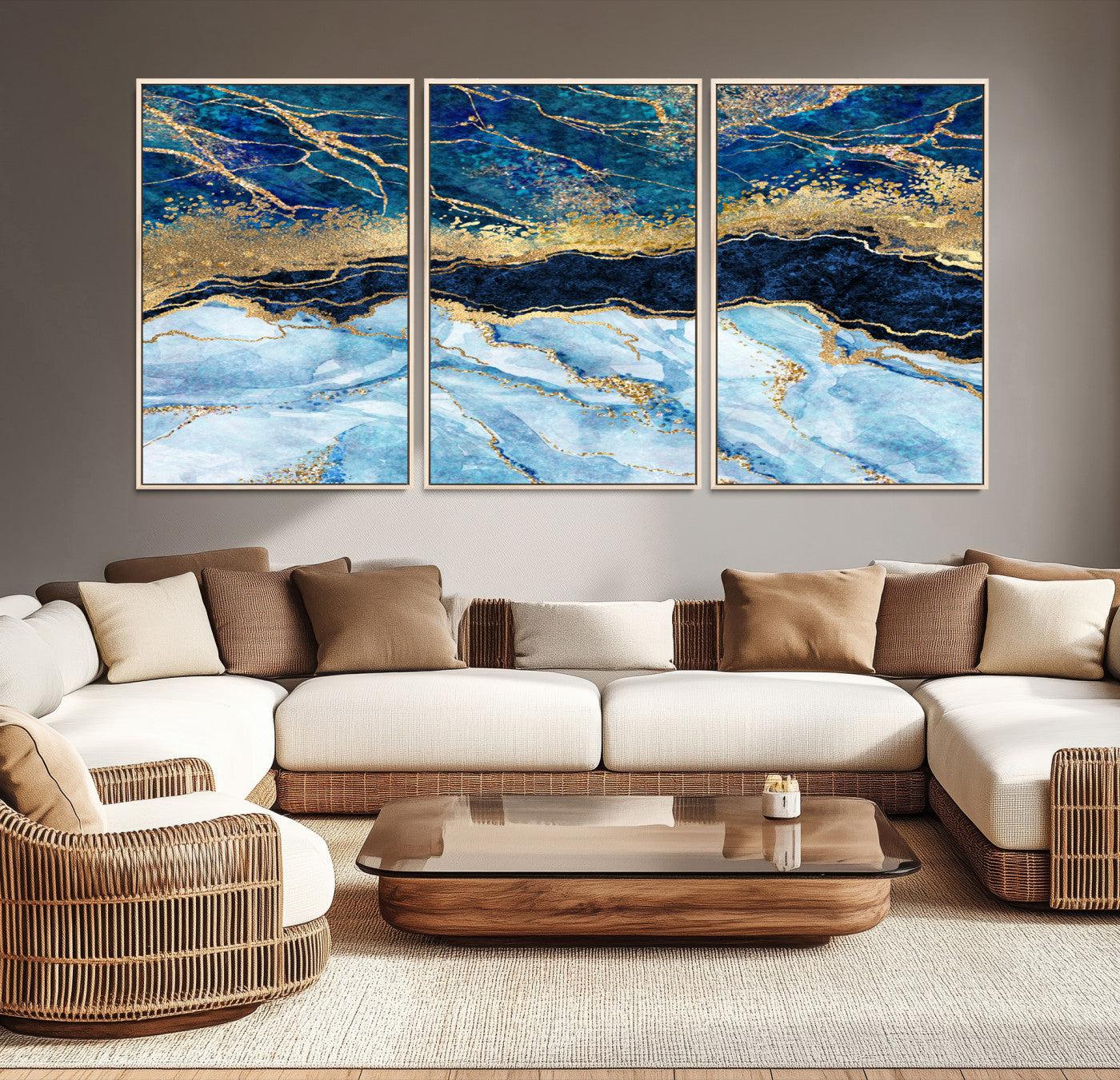 52988-MGV-CV-36X24-Abstract Blue and Gold Marble Canvas Print | 3-Panel Art for Living Room | Large Wall Decor