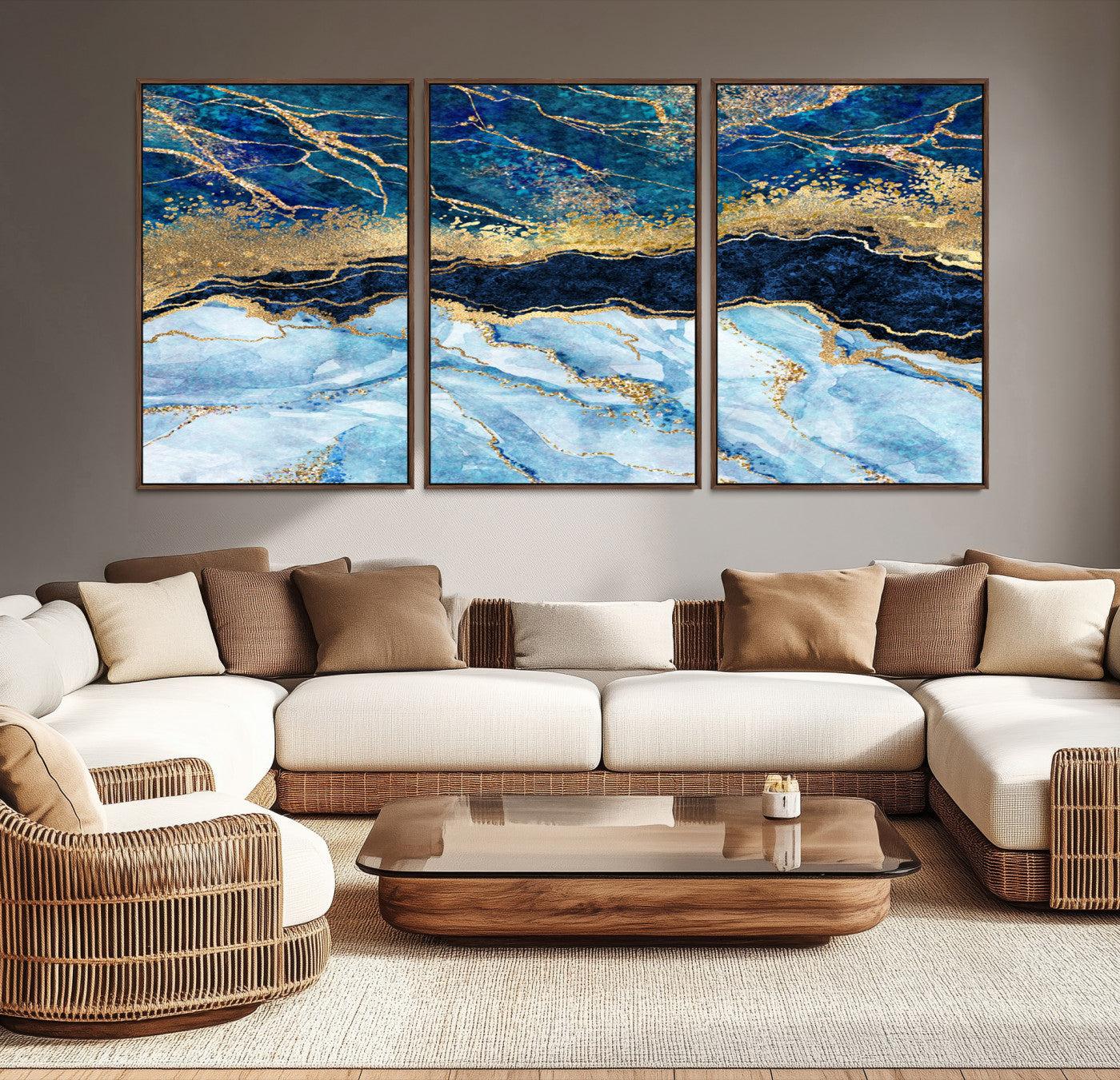 52988-MGV-CV-36X24-Abstract Blue and Gold Marble Canvas Print | 3-Panel Art for Living Room | Large Wall Decor