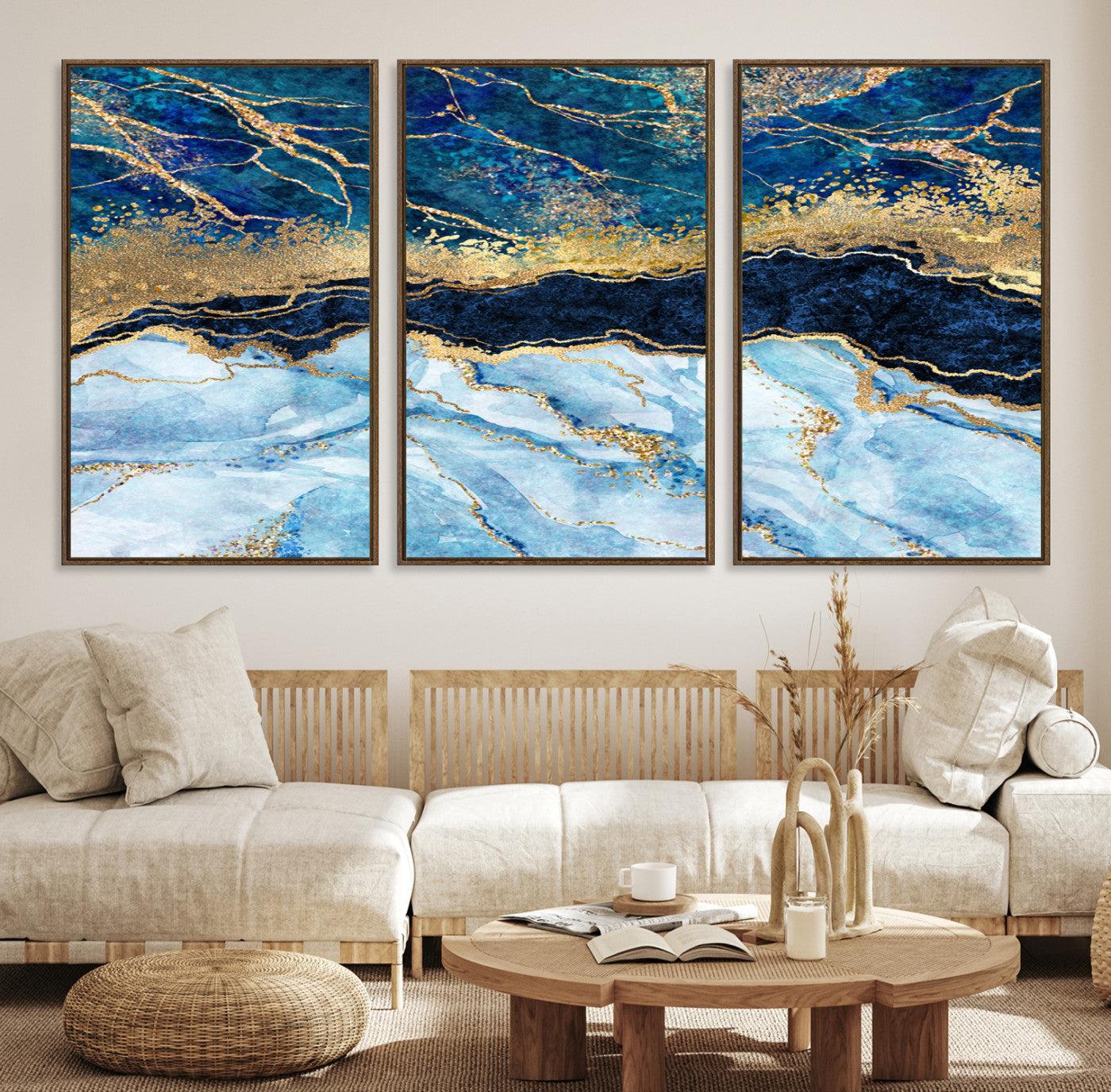 52988-MGV-CV-36X24-Abstract Blue and Gold Marble Canvas Print | 3-Panel Art for Living Room | Large Wall Decor