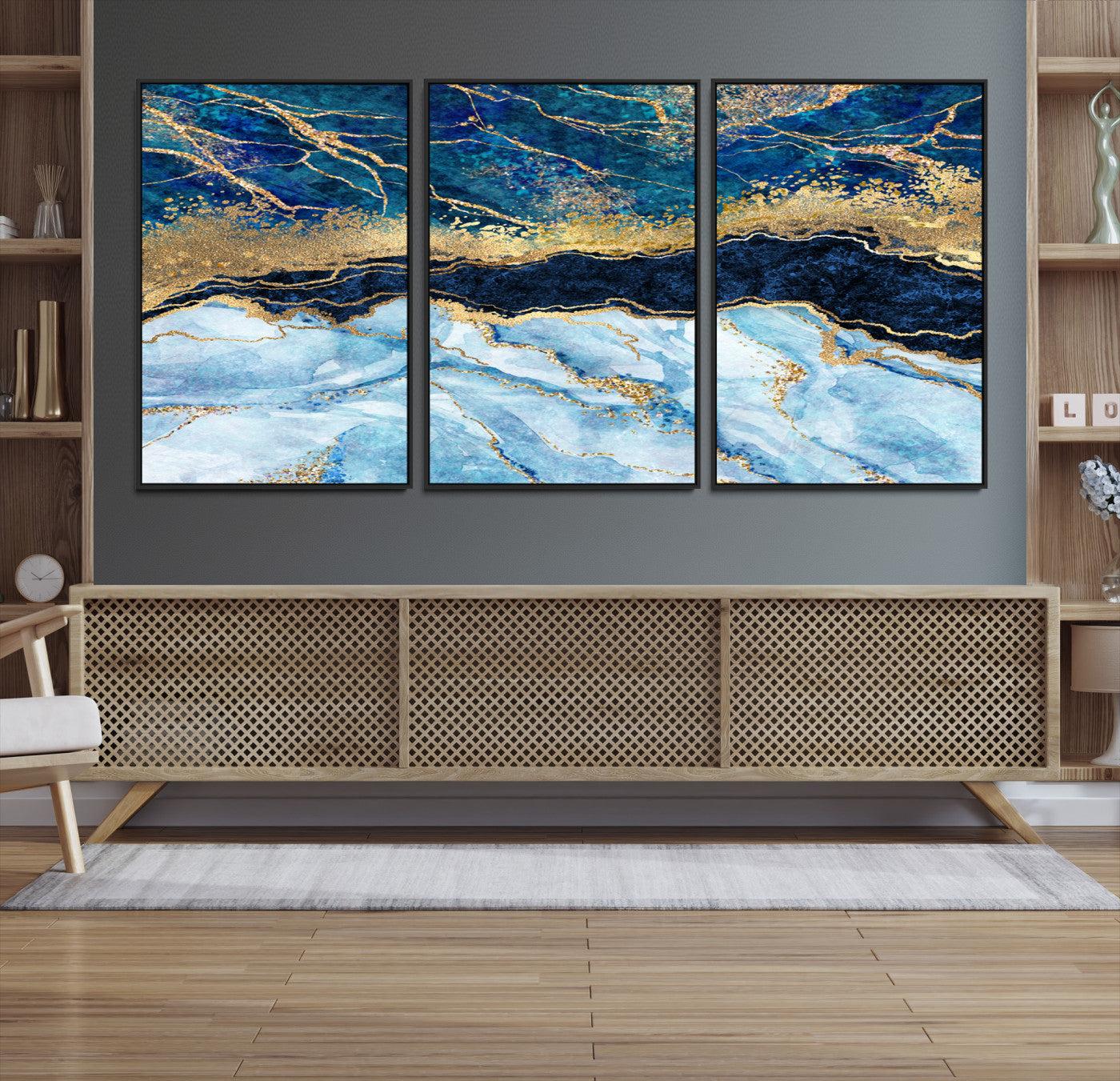 52988-MGV-CV-36X24-Abstract Blue and Gold Marble Canvas Print | 3-Panel Art for Living Room | Large Wall Decor