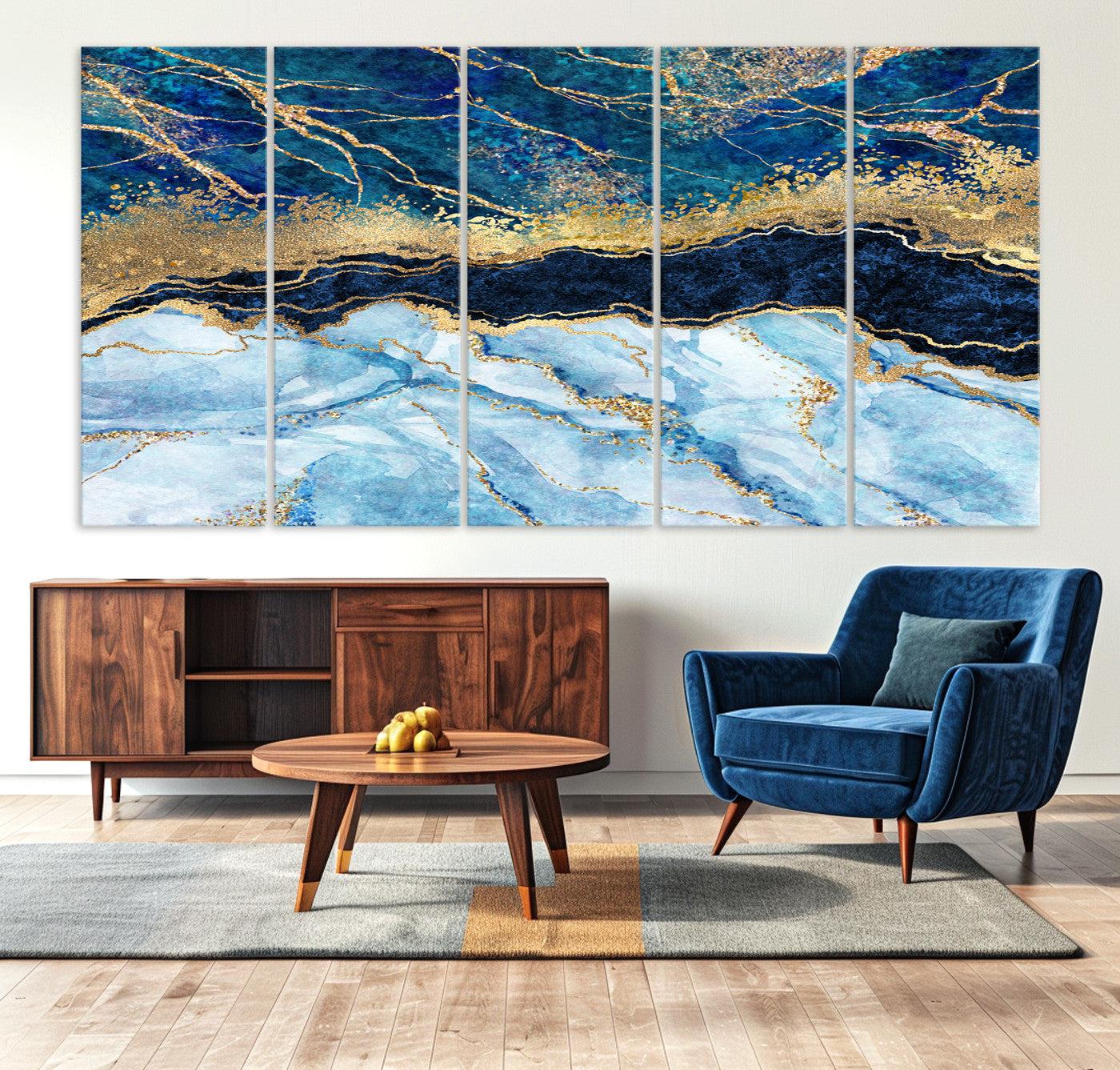 52988-MGV-CV-36X24-Abstract Blue and Gold Marble Canvas Print | 3-Panel Art for Living Room | Large Wall Decor