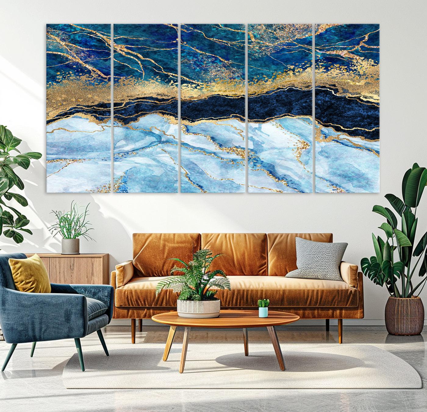 52988-MGV-CV-36X24-Abstract Blue and Gold Marble Canvas Print | 3-Panel Art for Living Room | Large Wall Decor