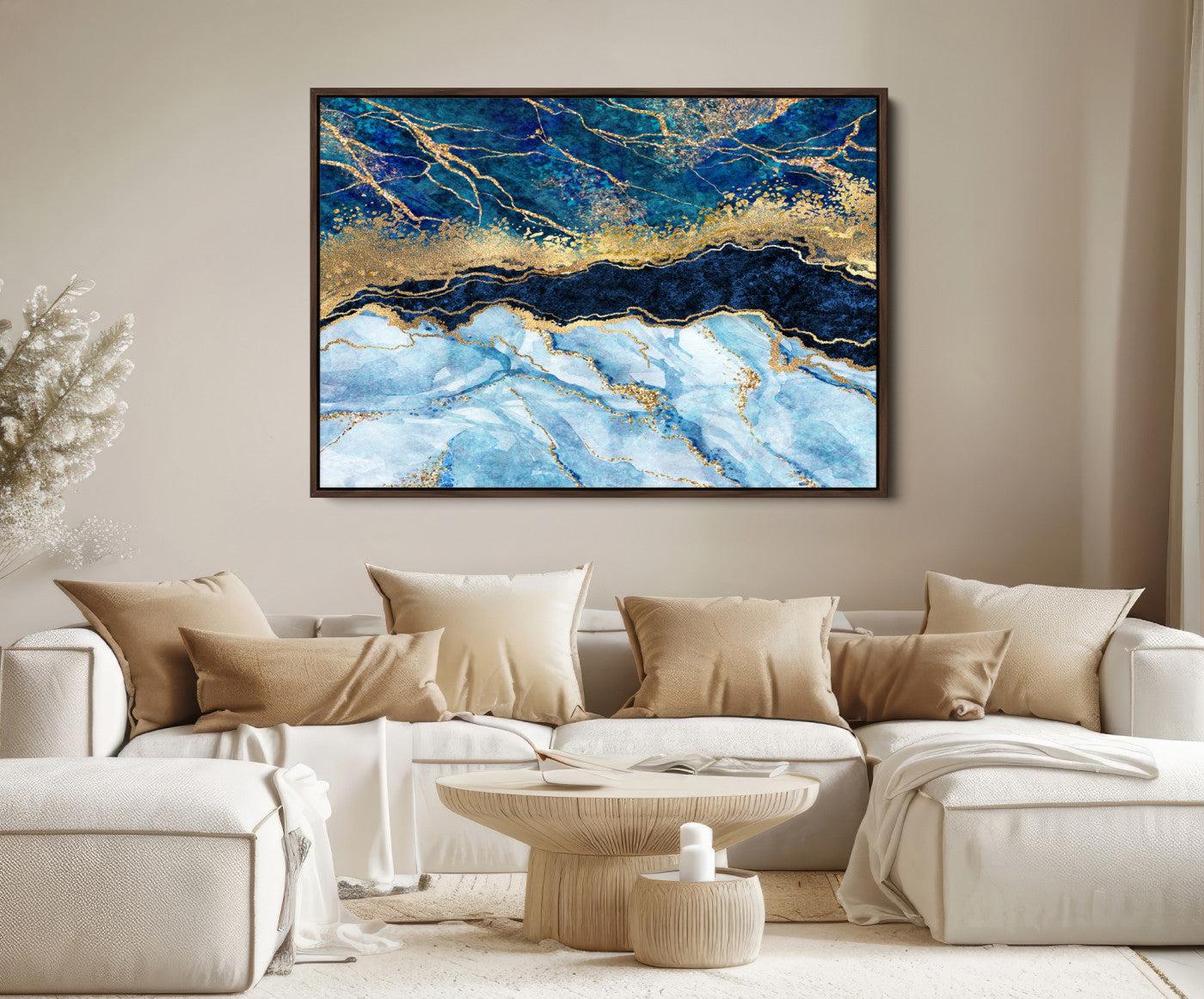 52988-MGV-FC-36X24_Walnut-Abstract Blue and Gold Marble Canvas Print | 3-Panel Art for Living Room | Large Wall Decor