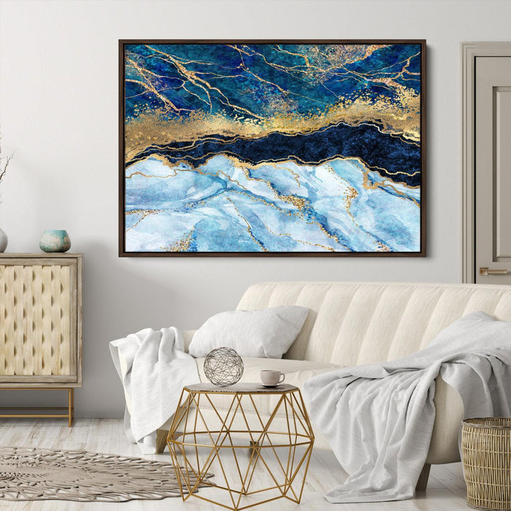 Abstract Blue and Gold Marble Canvas Print | 3-Panel Art for Living Room | Large Wall Decor
