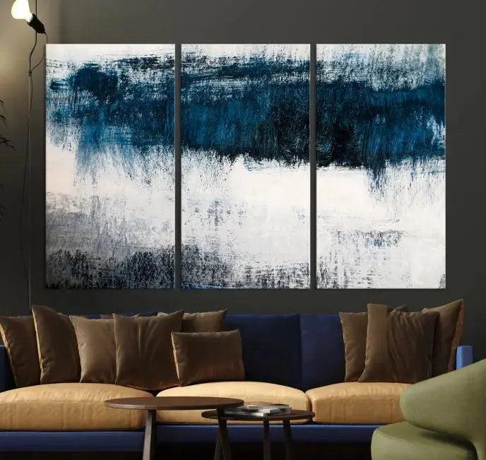 Abstract Blue and White Canvas Art | Large Wall Art for Modern Living Room Decor | Minimalist Brushstroke Painting on Canvas