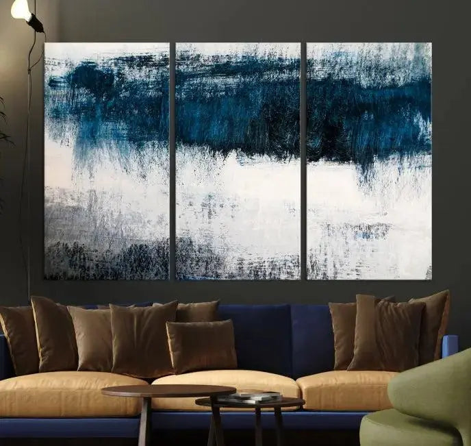 Abstract Blue and White Canvas Art | Large Wall Art for Modern Living Room Decor | Minimalist Brushstroke Painting on Canvas