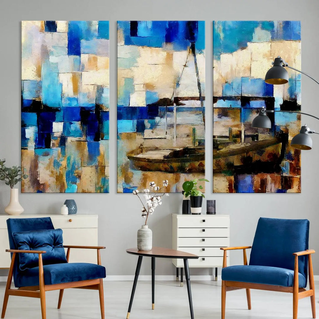 A living room featuring a contemporary Abstract Boat Painting on museum-quality canvases from the Nautical Art collection.