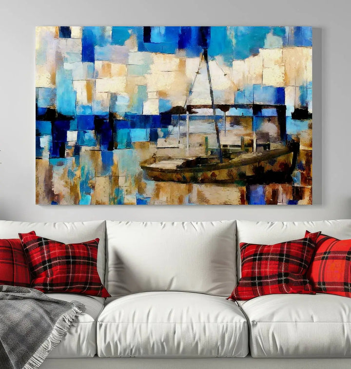 A living room featuring a contemporary Abstract Boat Painting on museum-quality canvases from the Nautical Art collection.