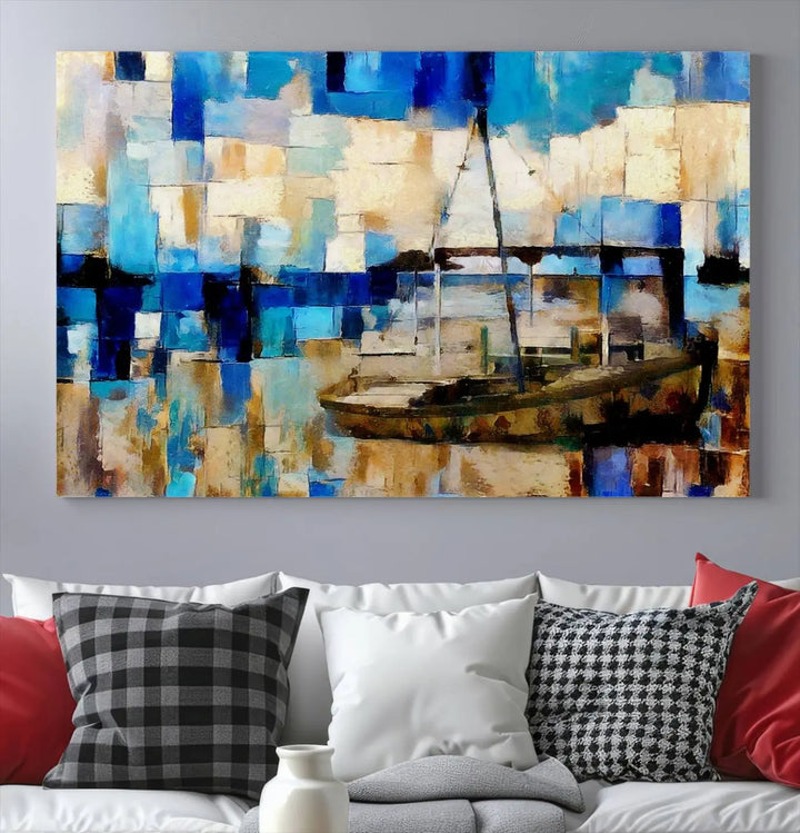 A living room featuring a contemporary Abstract Boat Painting on museum-quality canvases from the Nautical Art collection.