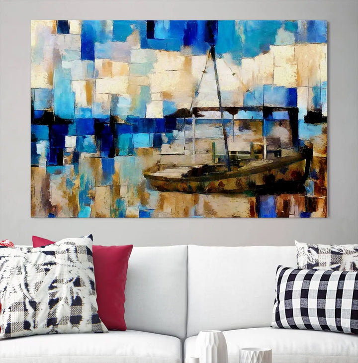 A living room featuring a contemporary Abstract Boat Painting on museum-quality canvases from the Nautical Art collection.