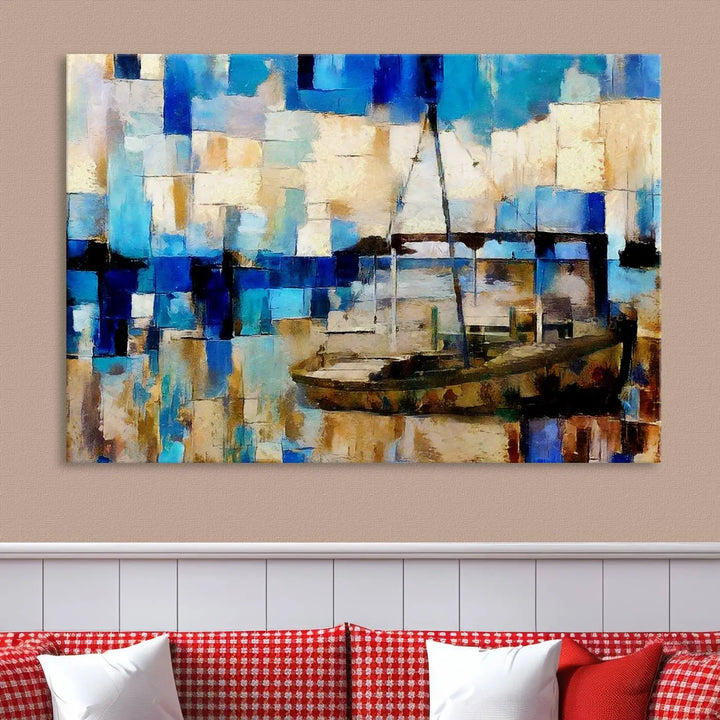 A living room featuring a contemporary Abstract Boat Painting on museum-quality canvases from the Nautical Art collection.