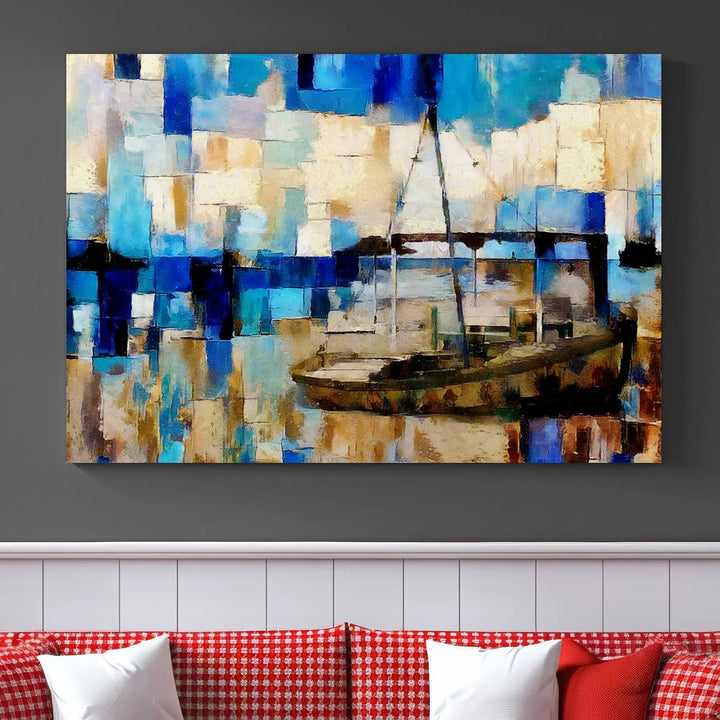 A living room featuring a contemporary Abstract Boat Painting on museum-quality canvases from the Nautical Art collection.