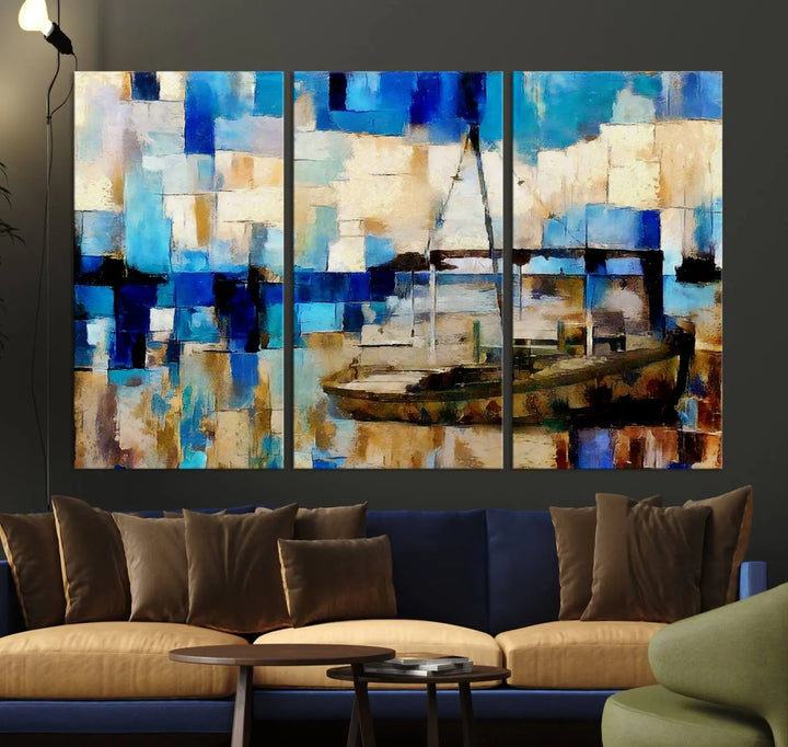 A living room featuring a contemporary Abstract Boat Painting on museum-quality canvases from the Nautical Art collection.