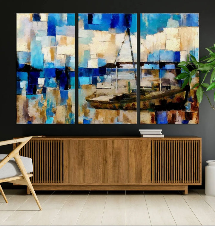 A living room featuring a contemporary Abstract Boat Painting on museum-quality canvases from the Nautical Art collection.