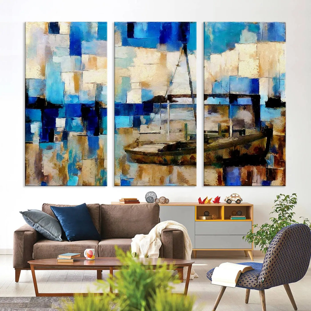 A living room featuring a contemporary Abstract Boat Painting on museum-quality canvases from the Nautical Art collection.