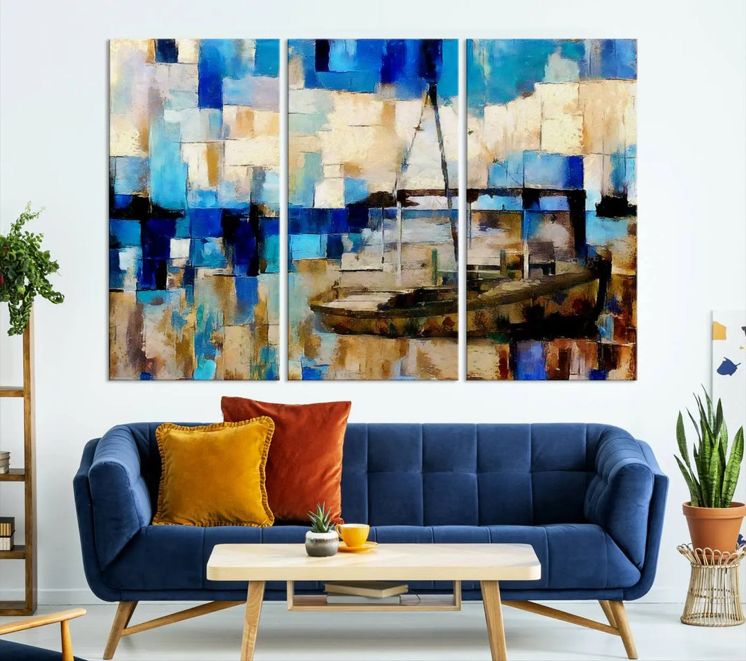 A living room featuring a contemporary Abstract Boat Painting on museum-quality canvases from the Nautical Art collection.