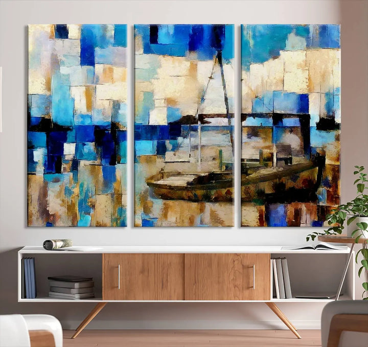 A living room featuring a contemporary Abstract Boat Painting on museum-quality canvases from the Nautical Art collection.