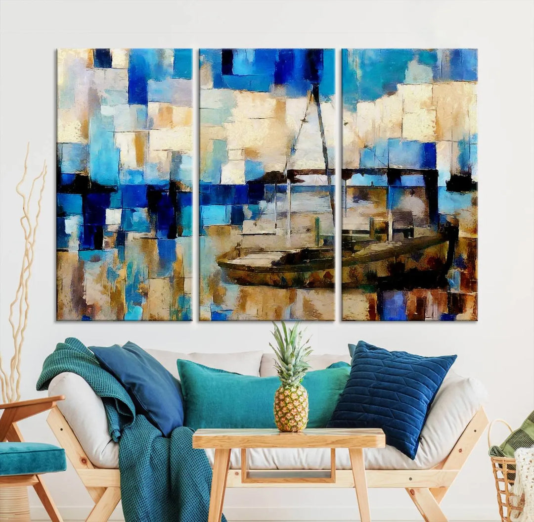 A living room featuring a contemporary Abstract Boat Painting on museum-quality canvases from the Nautical Art collection.