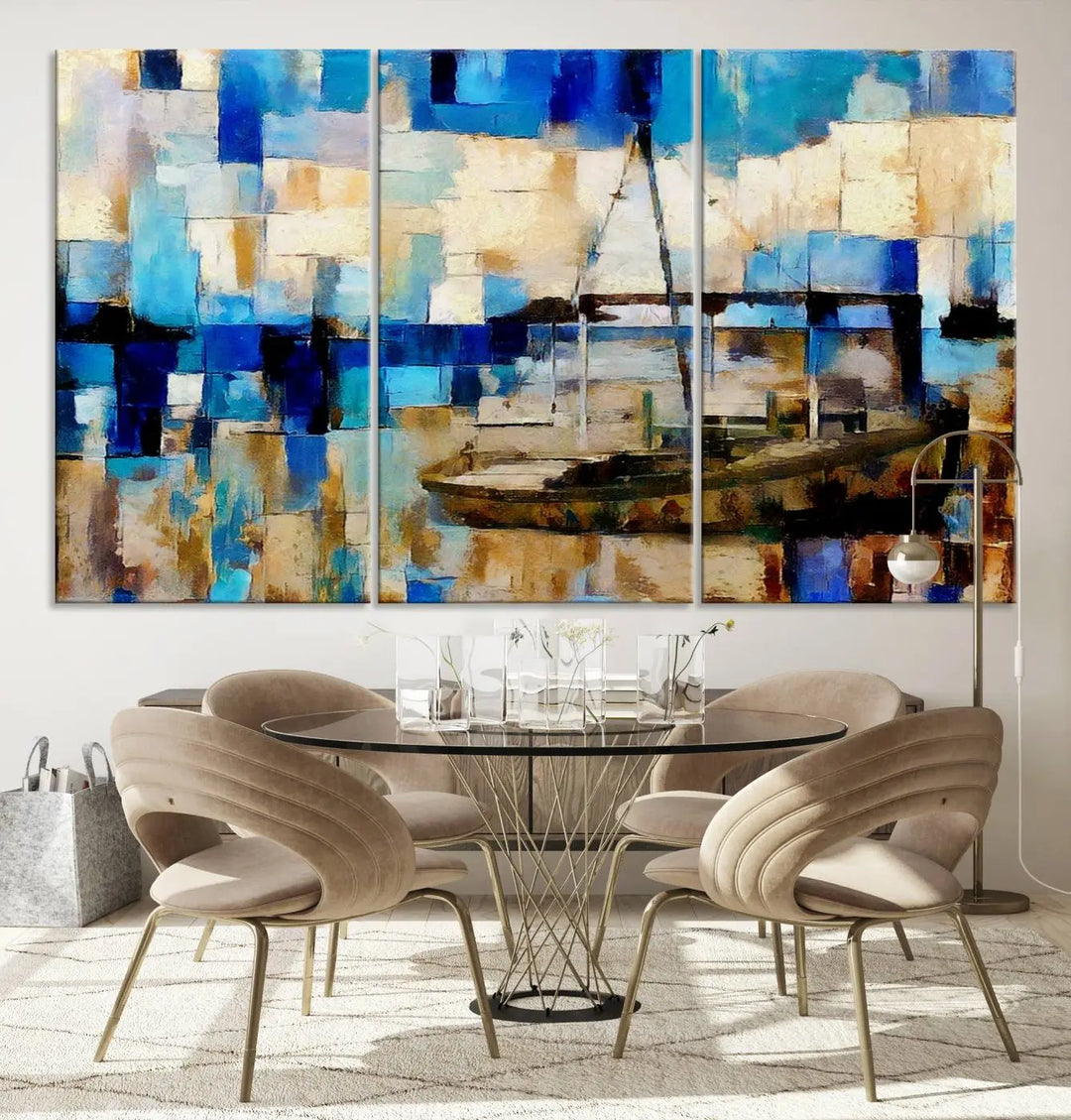 A living room featuring a contemporary Abstract Boat Painting on museum-quality canvases from the Nautical Art collection.