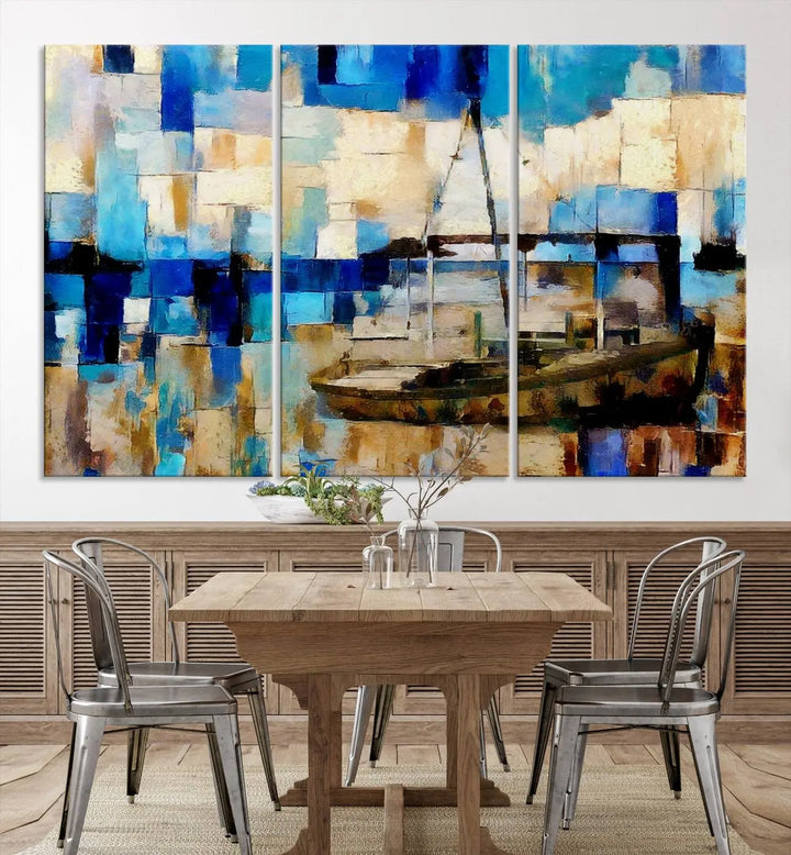 A living room featuring a contemporary Abstract Boat Painting on museum-quality canvases from the Nautical Art collection.