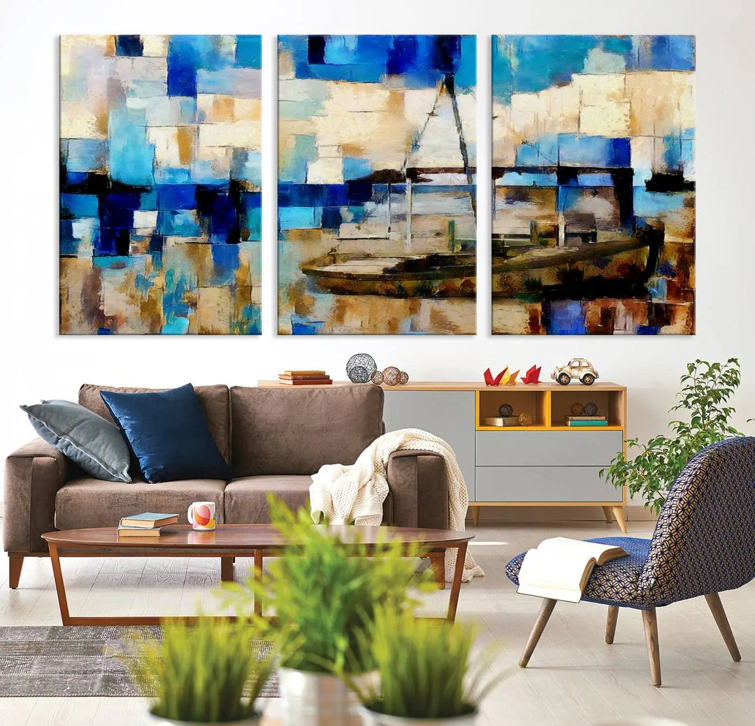 A living room featuring a contemporary Abstract Boat Painting on museum-quality canvases from the Nautical Art collection.