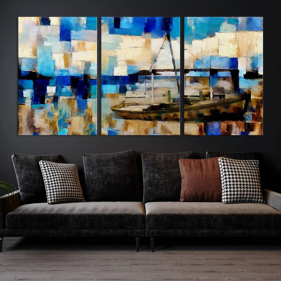 A living room featuring a contemporary Abstract Boat Painting on museum-quality canvases from the Nautical Art collection.