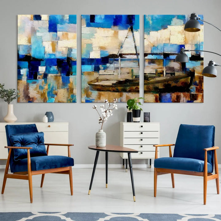 A living room featuring a contemporary Abstract Boat Painting on museum-quality canvases from the Nautical Art collection.