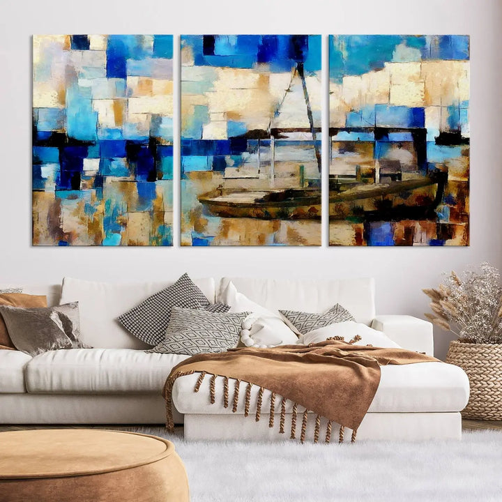 A living room featuring a contemporary Abstract Boat Painting on museum-quality canvases from the Nautical Art collection.