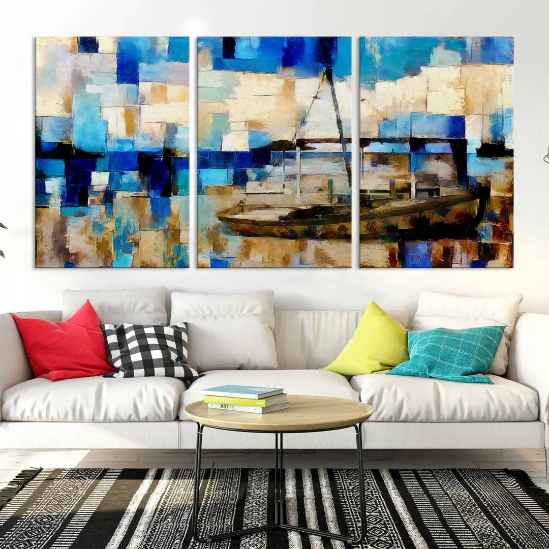 A living room featuring a contemporary Abstract Boat Painting on museum-quality canvases from the Nautical Art collection.