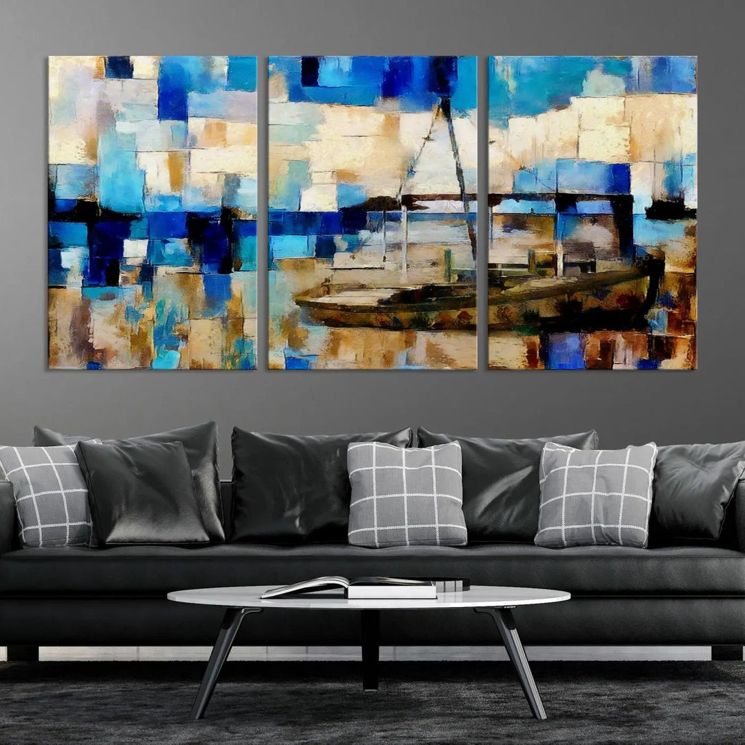 A living room featuring a contemporary Abstract Boat Painting on museum-quality canvases from the Nautical Art collection.