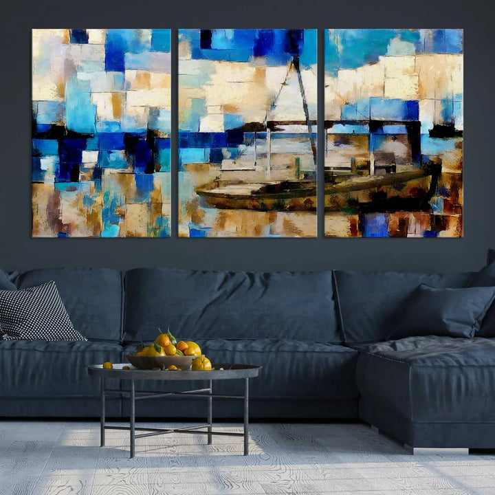 A living room featuring a contemporary Abstract Boat Painting on museum-quality canvases from the Nautical Art collection.