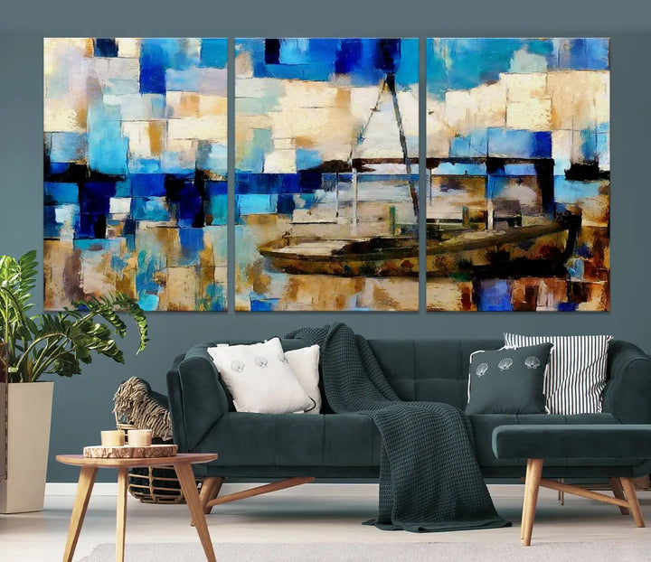 A living room featuring a contemporary Abstract Boat Painting on museum-quality canvases from the Nautical Art collection.