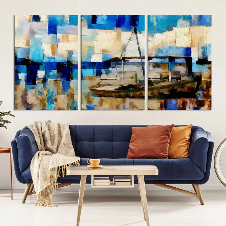 A living room featuring a contemporary Abstract Boat Painting on museum-quality canvases from the Nautical Art collection.