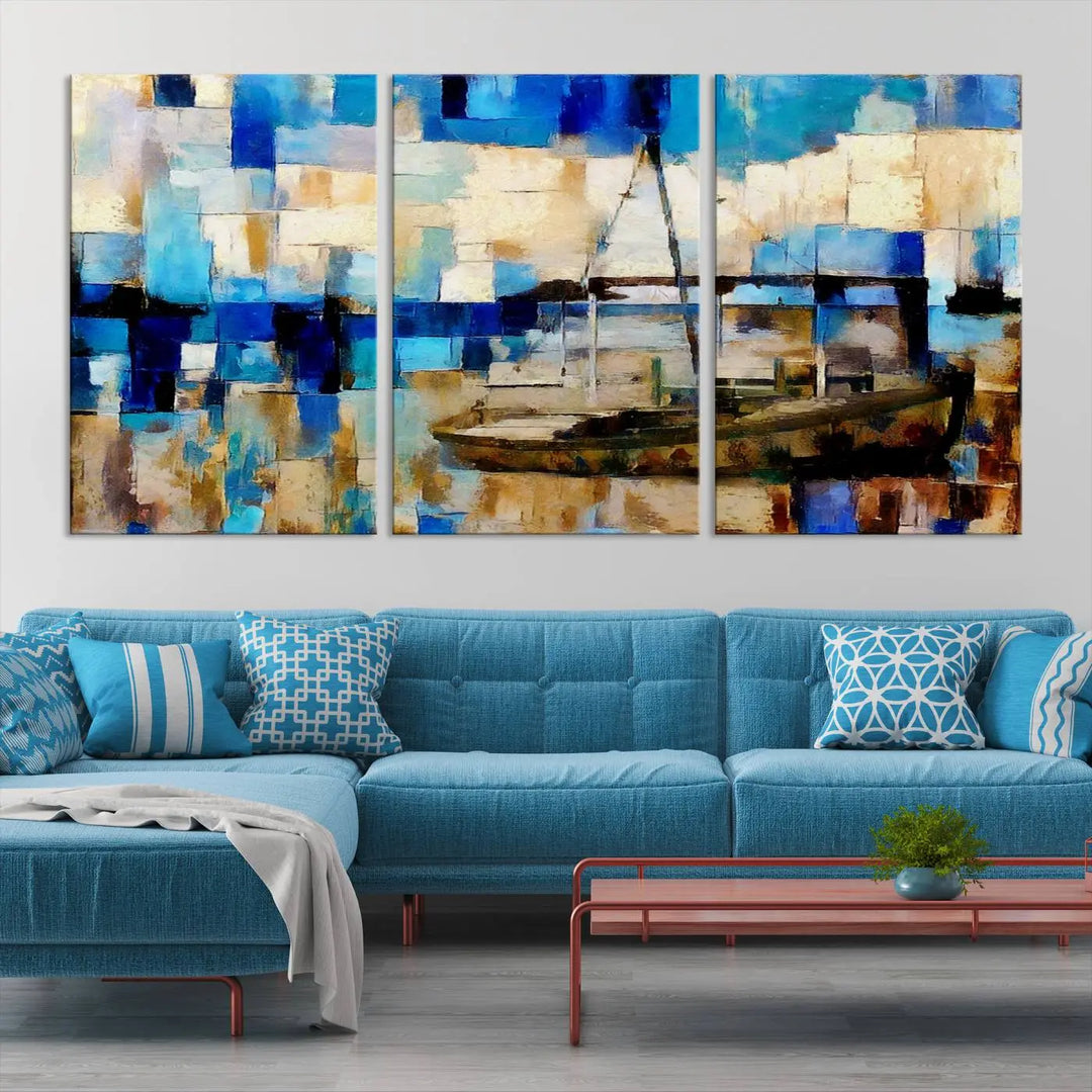 A living room featuring a contemporary Abstract Boat Painting on museum-quality canvases from the Nautical Art collection.