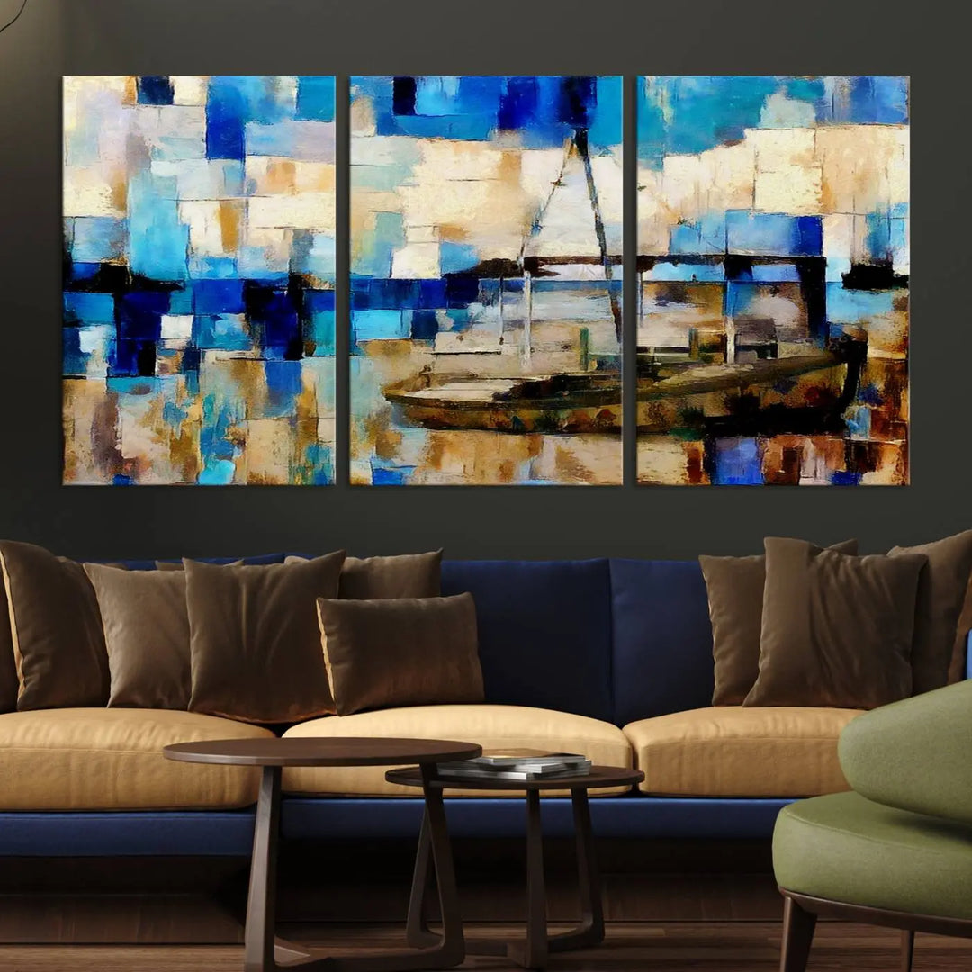 A living room featuring a contemporary Abstract Boat Painting on museum-quality canvases from the Nautical Art collection.