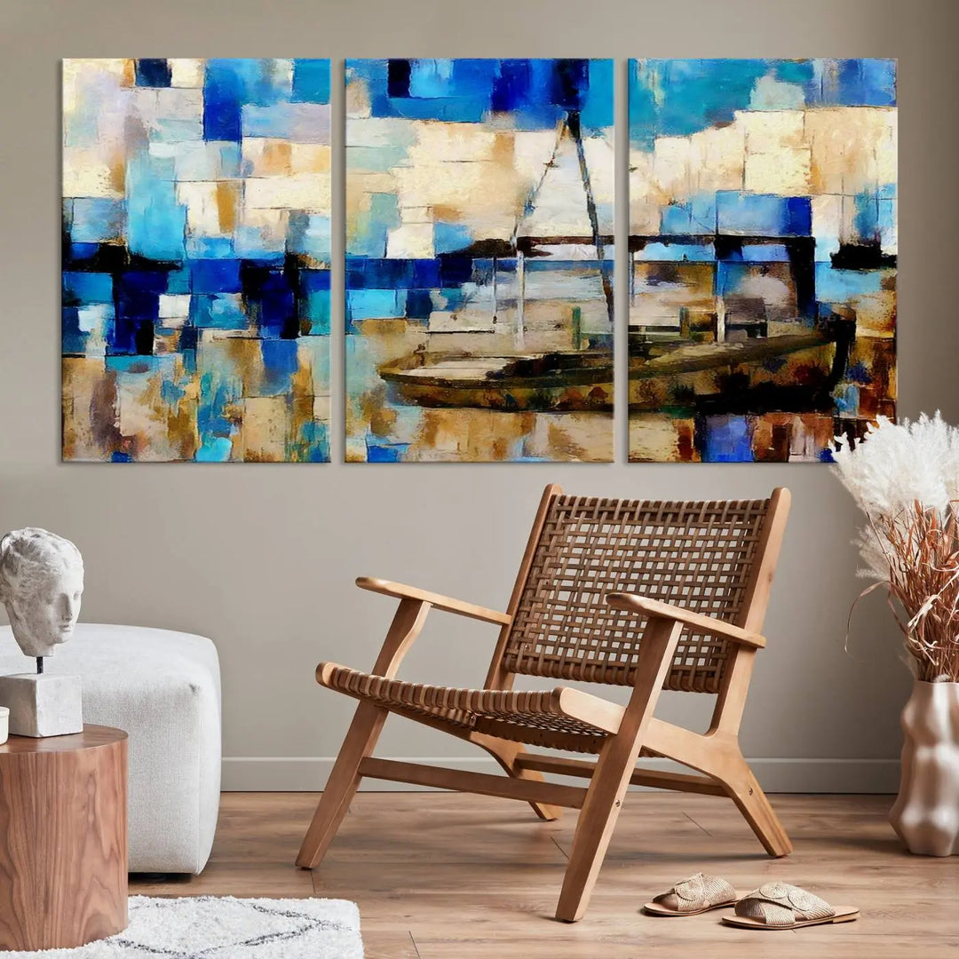 A living room featuring a contemporary Abstract Boat Painting on museum-quality canvases from the Nautical Art collection.