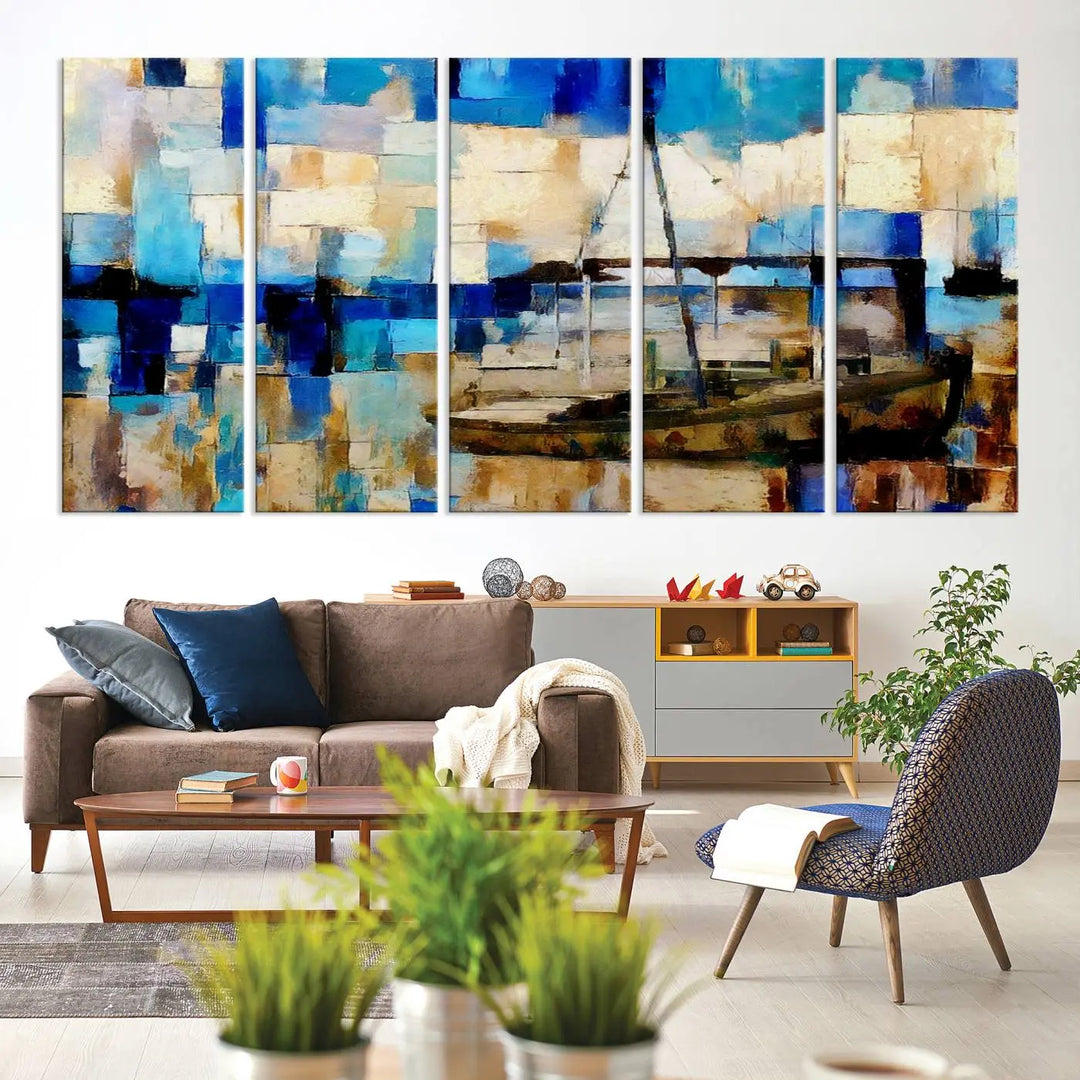 A living room featuring a contemporary Abstract Boat Painting on museum-quality canvases from the Nautical Art collection.