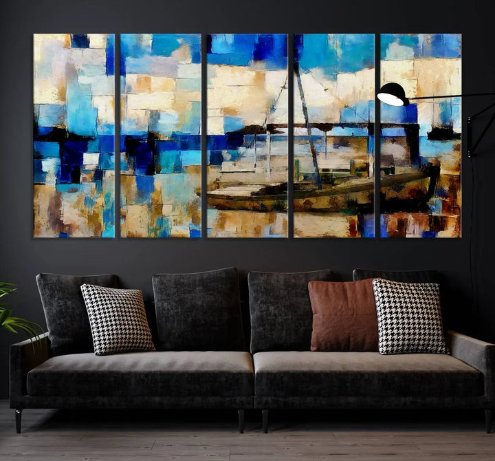 A living room featuring a contemporary Abstract Boat Painting on museum-quality canvases from the Nautical Art collection.