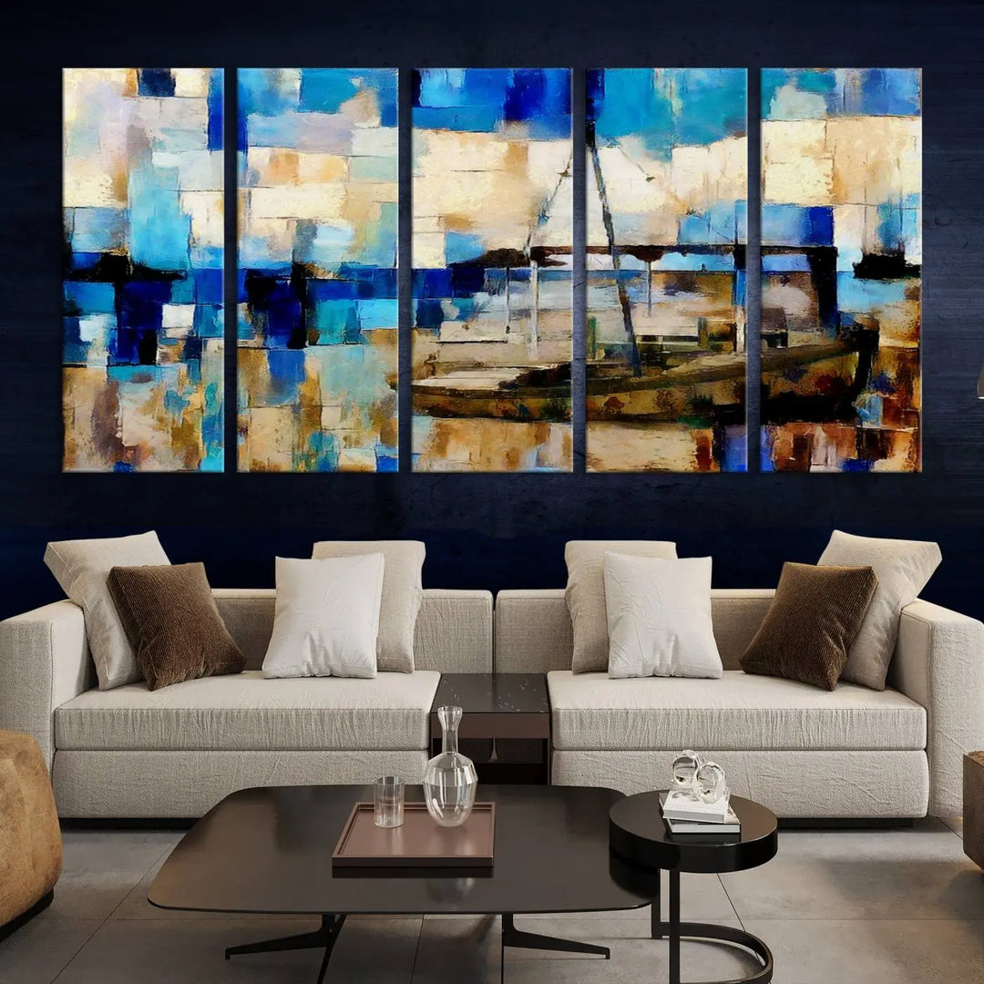 A living room featuring a contemporary Abstract Boat Painting on museum-quality canvases from the Nautical Art collection.