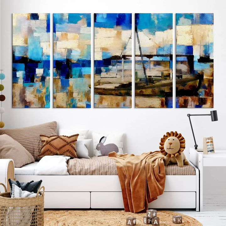 A living room featuring a contemporary Abstract Boat Painting on museum-quality canvases from the Nautical Art collection.