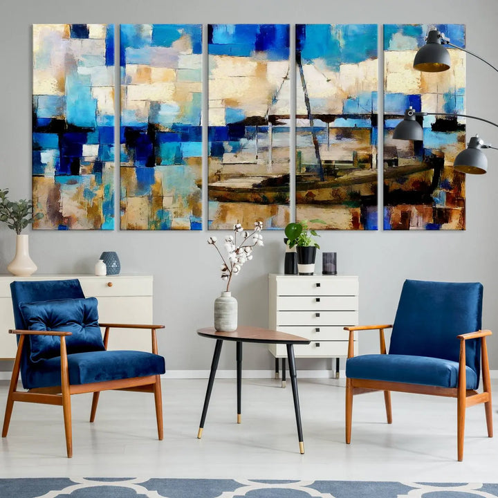 A living room featuring a contemporary Abstract Boat Painting on museum-quality canvases from the Nautical Art collection.