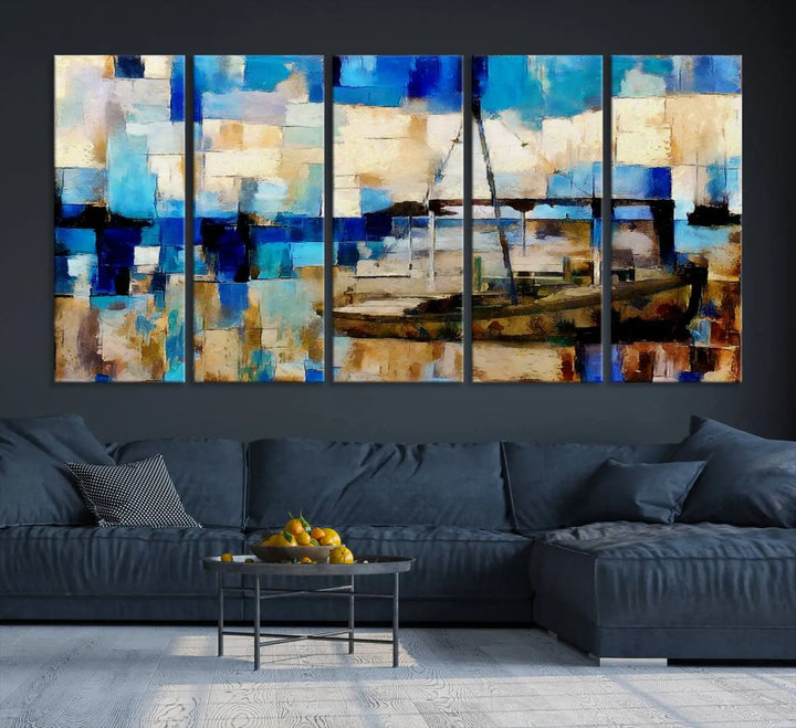 A living room featuring a contemporary Abstract Boat Painting on museum-quality canvases from the Nautical Art collection.