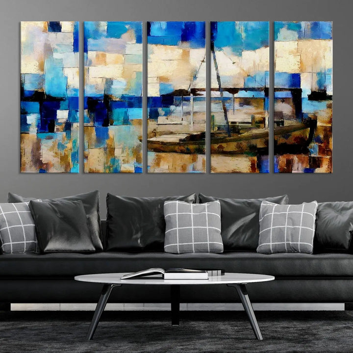 A living room featuring a contemporary Abstract Boat Painting on museum-quality canvases from the Nautical Art collection.